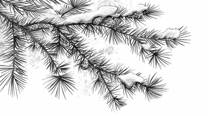 Naklejka premium fir tree branches with snow black and white illustration.