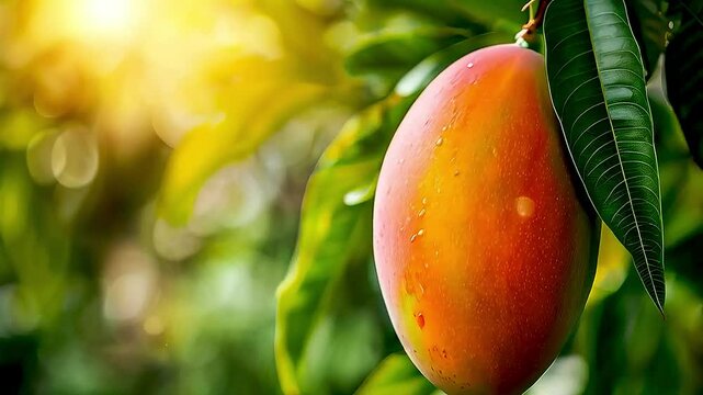 ripe mango  hangs from  a tree branch