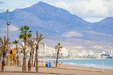 A scenic view of a coastal city with palm trees, sandy beach, and a towering mountain in the background. The image captures the blend of urban and natural beauty. Alicante, Spain