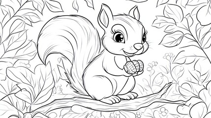 Naklejka premium Cartoon Squirrel Holding Nuts in a Forest Setting. Coloring book illustration.