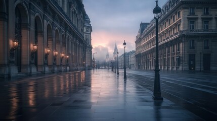Naklejka premium Empty Parisian street at dawn with a church in the distance and reflections in the wet pavement.