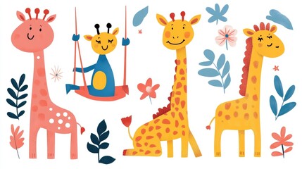 Playful Cartoon Giraffes in Fun Poses