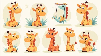 Fototapeta premium Playful Cartoon Giraffes in Fun Poses