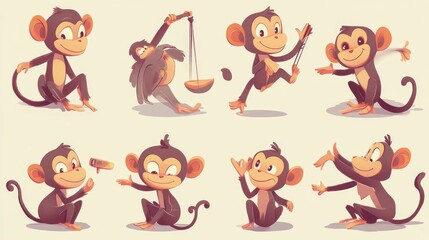 Naklejka premium Cute Cartoon Monkeys in Playful Poses