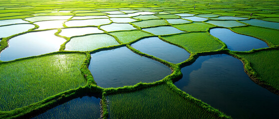 Lush green rice fields with water reflections, showcasing nature's beauty in agricultural landscapes.