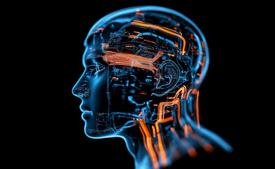 Obraz premium Profile of a digital human face with glowing blue and orange circuitry, symbolizing artificial intelligence.
