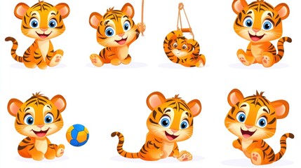 Fototapeta premium Playful Cartoon Tigers in Adorable Poses