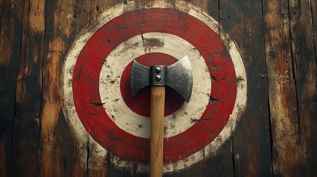 Axe throwing target with axe in center on bullseye 