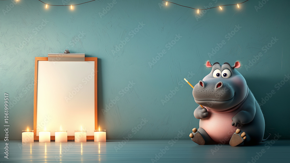 Poster hippo with pencil sits near whiteboard in cozy room with candles and string lights, creating warm and inviting atmosphere