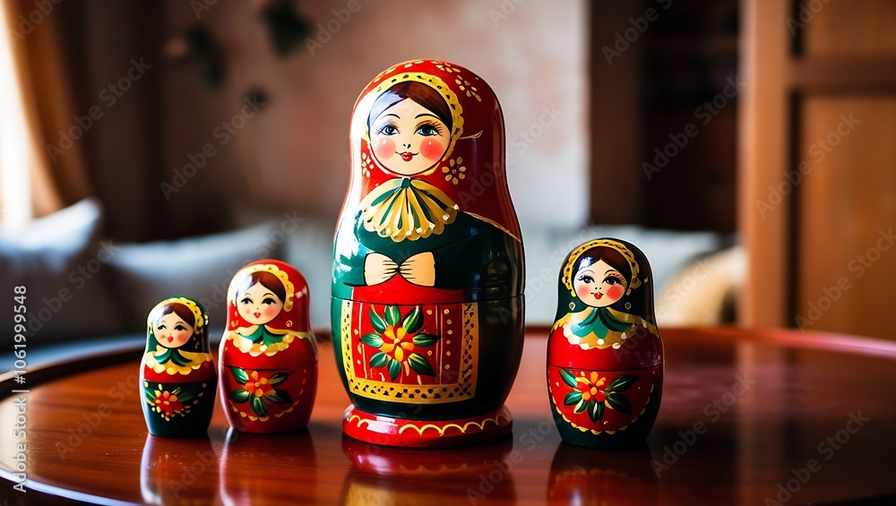 Wall mural A set of four traditional Russian nesting dolls, or matryoshka dolls, on a wooden table.