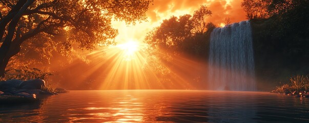 Fototapeta premium Otherworldly landscape of a fantasy paradise, showcasing glowing rays of light and the essence of truth, wholeness, and spiritual integrity