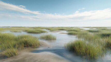 Obraz premium A coastal marshland struggling to survive as sea levels rise, with saltwater encroaching on once-freshwater areas. 