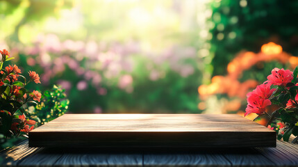 Wooden Platform with Blooming Garden Background