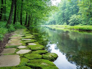 Fototapeta premium A shaded riverbank lined with mossy stones and patches of lichen, the forest reflecting softly on the still water, creating a serene and untouched scene