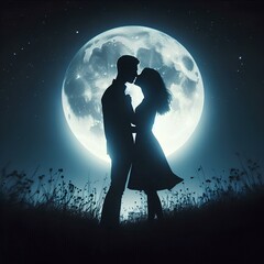 Couple silhouette against the moon, sharing a romantic kiss in the night sky, man and woman love and togetherness, perfect for a valentine's card or wedding moment under moonlight.