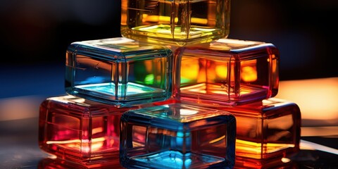 A stack of translucent blocks reflecting a vibrant array of colors, highlighting the interplay of light and glass.