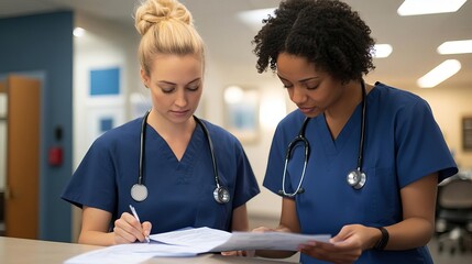 Nurse helping patient complete insurance forms, warm office environment, supportive healthcare