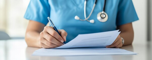 Nurse helping patient fill out insurance documents, clear forms, supportive clinic setting