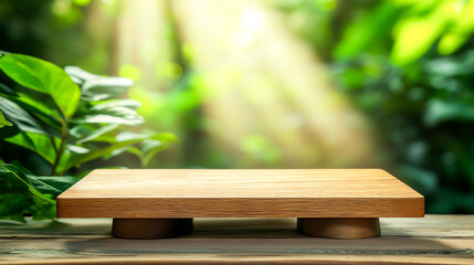 Wooden Platform with Blooming Garden Background