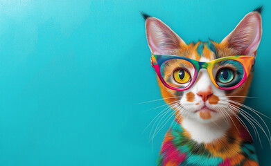 Playful orange and white cat wearing rainbow glasses, standing against a bright turquoise background, showcasing humor and color.