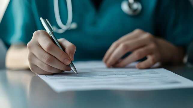 Patient filling out insurance forms with doctor s help, clinic environment, user-friendly process