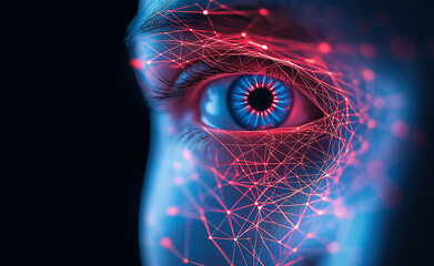 Female face with neon mesh lines highlighting facial recognition technology, blending human features with digital structure.