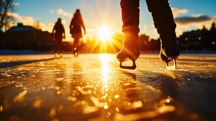 Description:** Three silhouettes skate on a frozen surface as the sun sets, casting a warm glow on the ice.