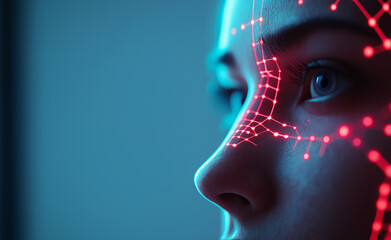 Female face with neon mesh lines highlighting facial recognition technology, blending human features with digital structure.