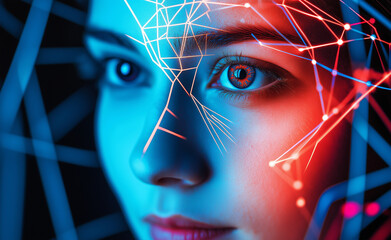 Female face with neon mesh lines highlighting facial recognition technology, blending human features with digital structure.
