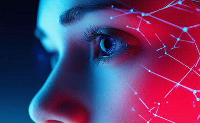 Female face with neon mesh lines highlighting facial recognition technology, blending human features with digital structure.
