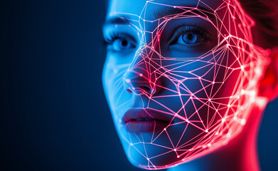 Female face with neon mesh lines highlighting facial recognition technology, blending human features with digital structure.
