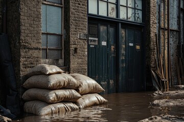 Sandbags used to armor buildings from rising floodwaters. 