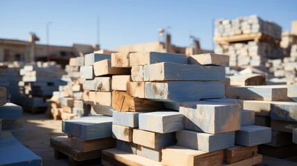A Stack of Wooden Planks and Blocks in an Outdoor Construction Site