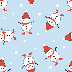 Christmas or New year seamless pattern with snowman and snowflakes on blue background vector.