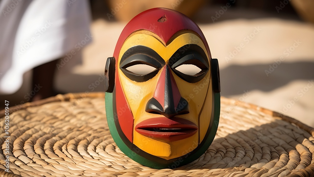 Wall mural A colorful wooden mask with a human face design rests on a woven basket.