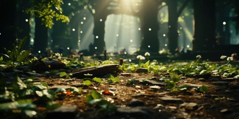 A Sunlit Forest Path, Where Sunlight Filters Through the Canopy, Illuminating the Foliage and Creating a Dappled Pattern on the Forest Floor