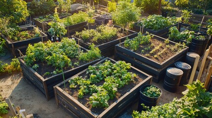 A community garden featuring raised beds made from reclaimed wood, composting systems for food scraps, and rainwater collection barrels for irrigation. 