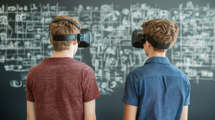 Immersive virtual reality experience for math problem solving two boys wearing VR headsets engaging with digital simulations educational technology interactive learning environment