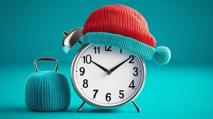 A festive alarm clock wearing a red knit hat and a teal kettlebell on a bright turquoise background.