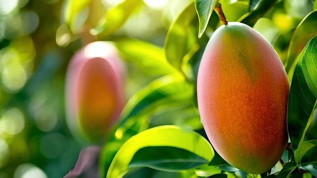 ripe mango  hangs from  a tree branch