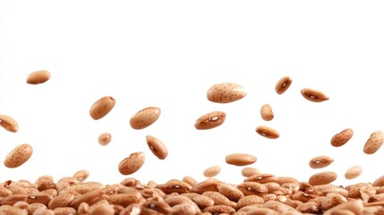A collection of pinto beans scattered against a white background, showcasing their texture.