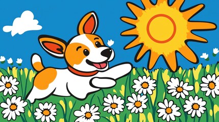 A Happy Dog Running in a Field of Daisies under the Sun. Coloring book illustration.