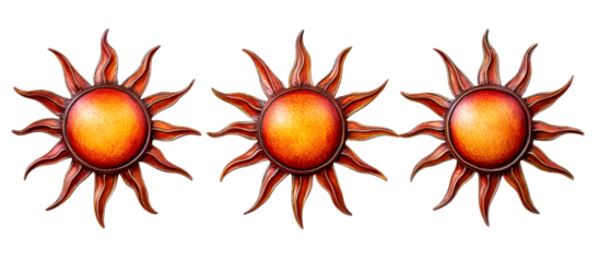 Set of Three decorative sun ornaments with a warm orange color isolate on transparent background, png, cutout