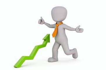 3d man red arrow success chart on white background.