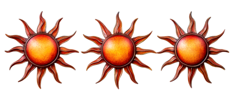 Set of Three decorative sun ornaments with a warm orange color isolate on transparent background, png, cutout