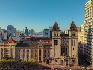 Bela vista superior do Centro Histórico de São Paulo em um dia ensolarado de céu azul, Centro...