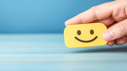 A bright yellow smiley face in hand against a blue background symbolizing happiness and positivity in daily life
