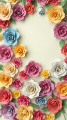 Vibrant backdrop featuring a variety of colorful paper roses, beautiful, background