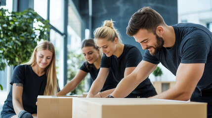 Excited team setting up display booth, preparing for exhibition event