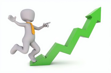 3d man red arrow success chart on white background.